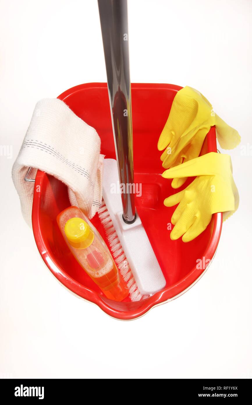 Broom And Bucket Used To Scrub Floors Yellow Rubber Gloves And