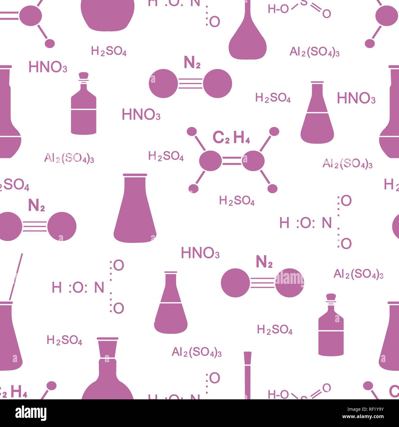 Scientific vector seamless pattern with flasks, beakers, molecule