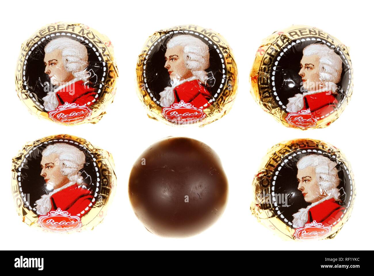 Mozartkugeln, Mozart balls, pralines filled with pistachio marzipan and nougat Stock Photo