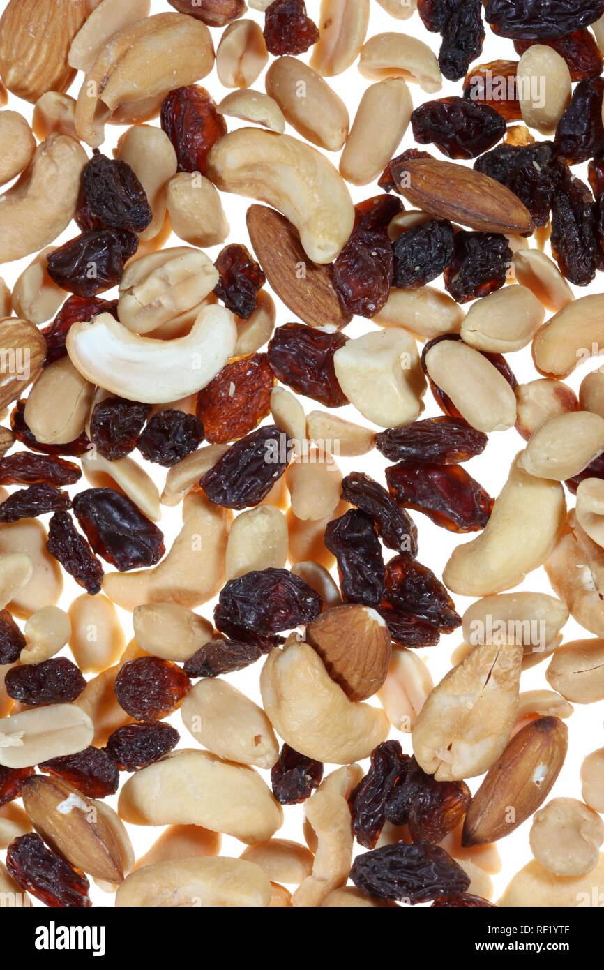 Trail mix, mixed nuts and dried fruit, raisins, almonds Stock Photo