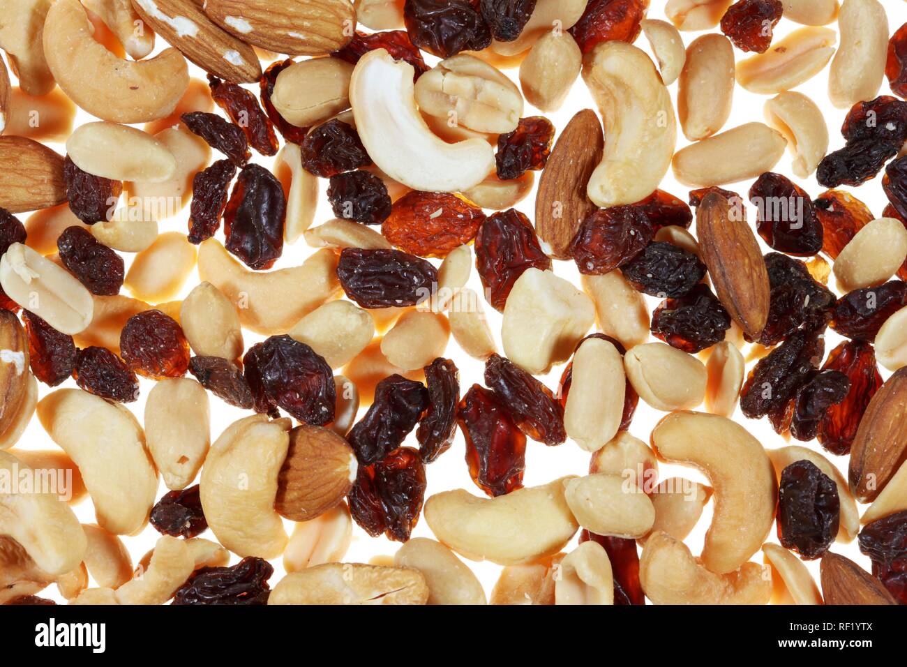Trail mix, mixed nuts and dried fruit, raisins, almonds Stock Photo