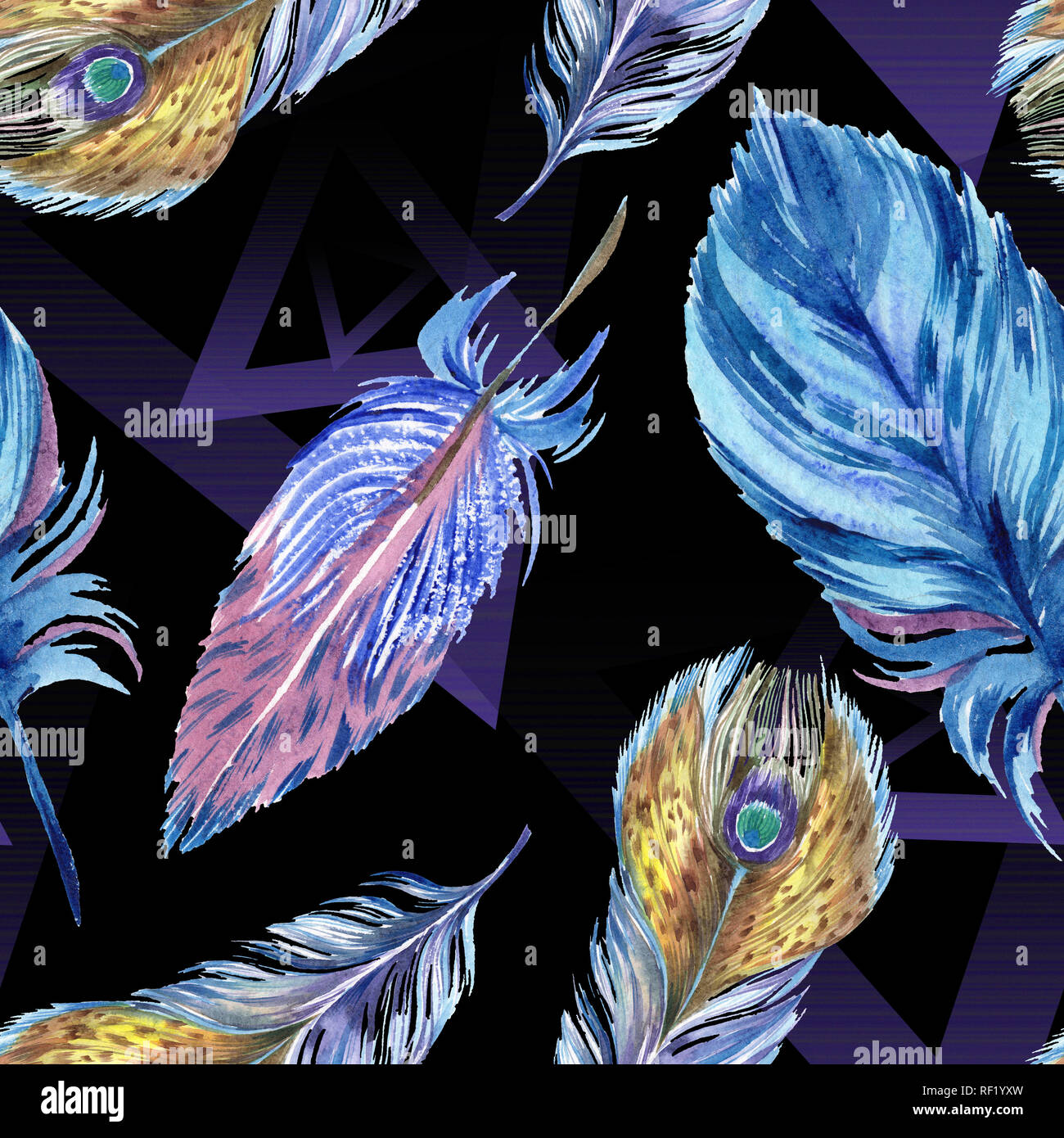 Colorful feathers. Watercolor bird feather from wing isolated ...