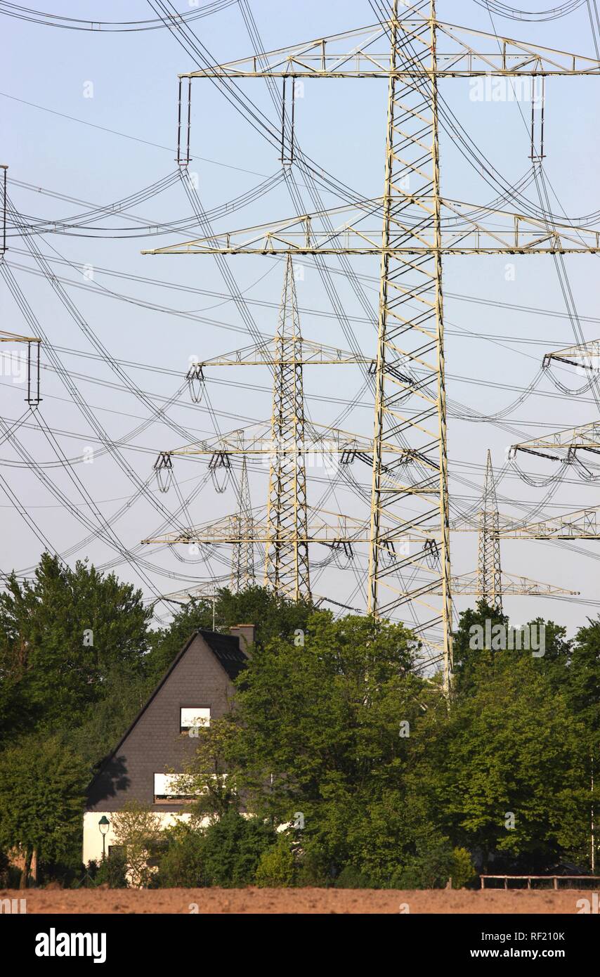 House built under high voltage transmission lines, Gelsenkirchen, North