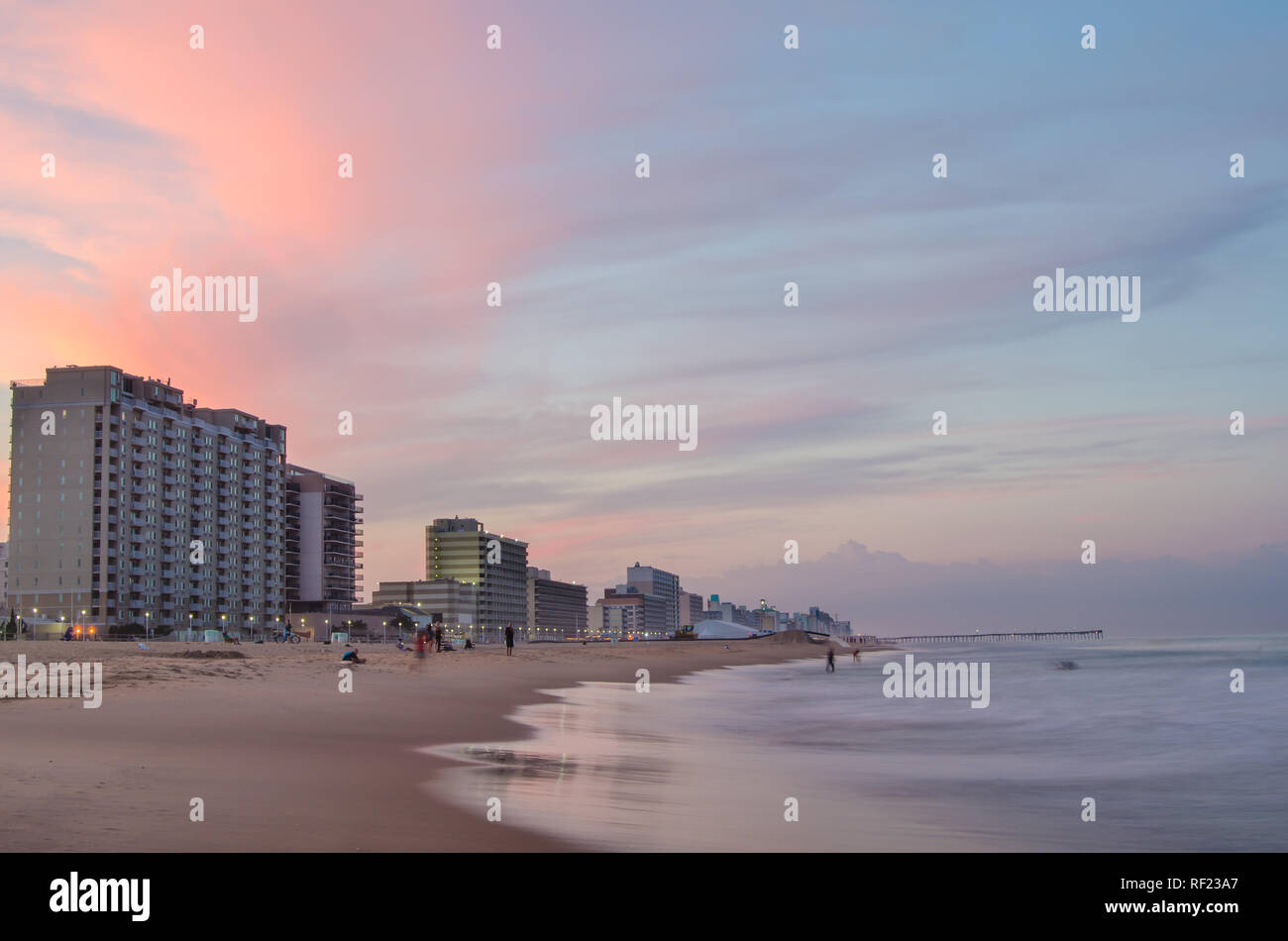 Vacation hotels along the beach at sunset in Virginia Beach, Virginia Stock Photo