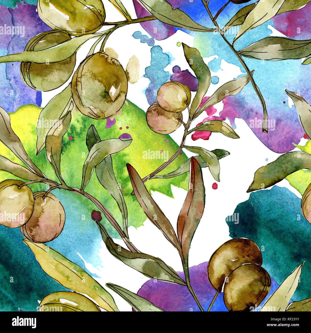Green olives watercolor background illustration set. Watercolour ...