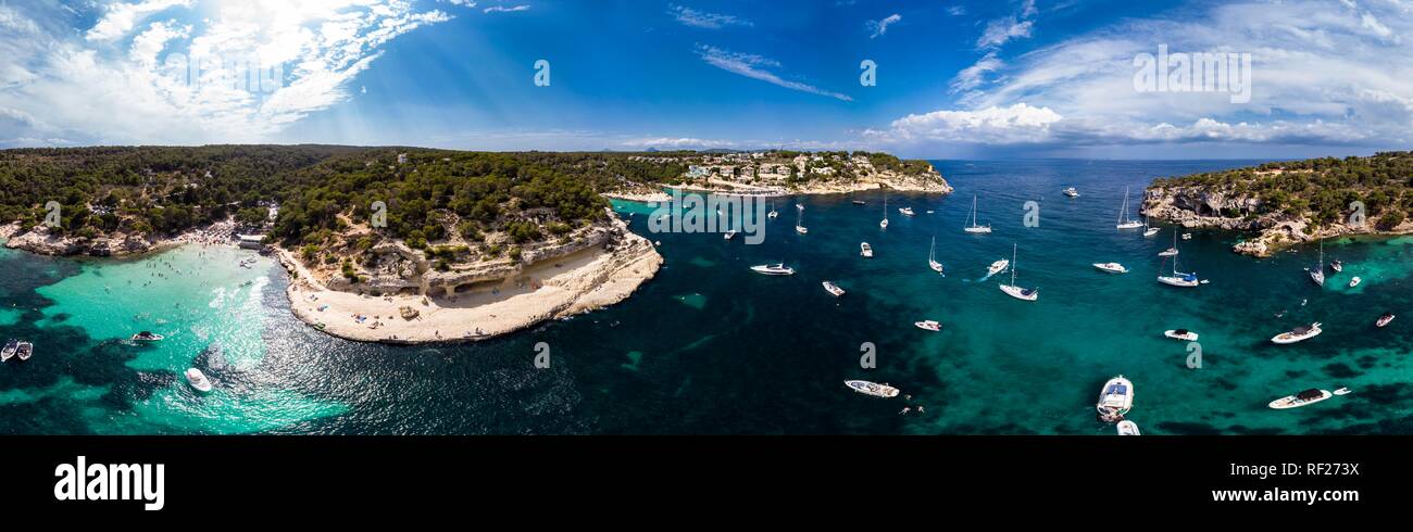 Drone shot, view over the Five Finger Bay of Portals Vells, Majorca, Balearic Islands, Spain Stock Photo