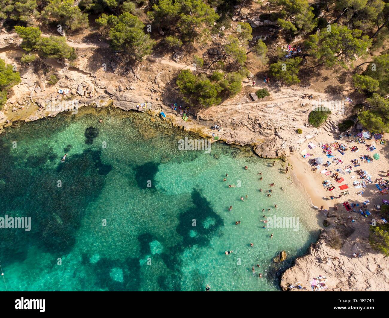 Drone shot, view over the Five Finger Bay of Portals Vells, Majorca, Balearic Islands, Spain Stock Photo