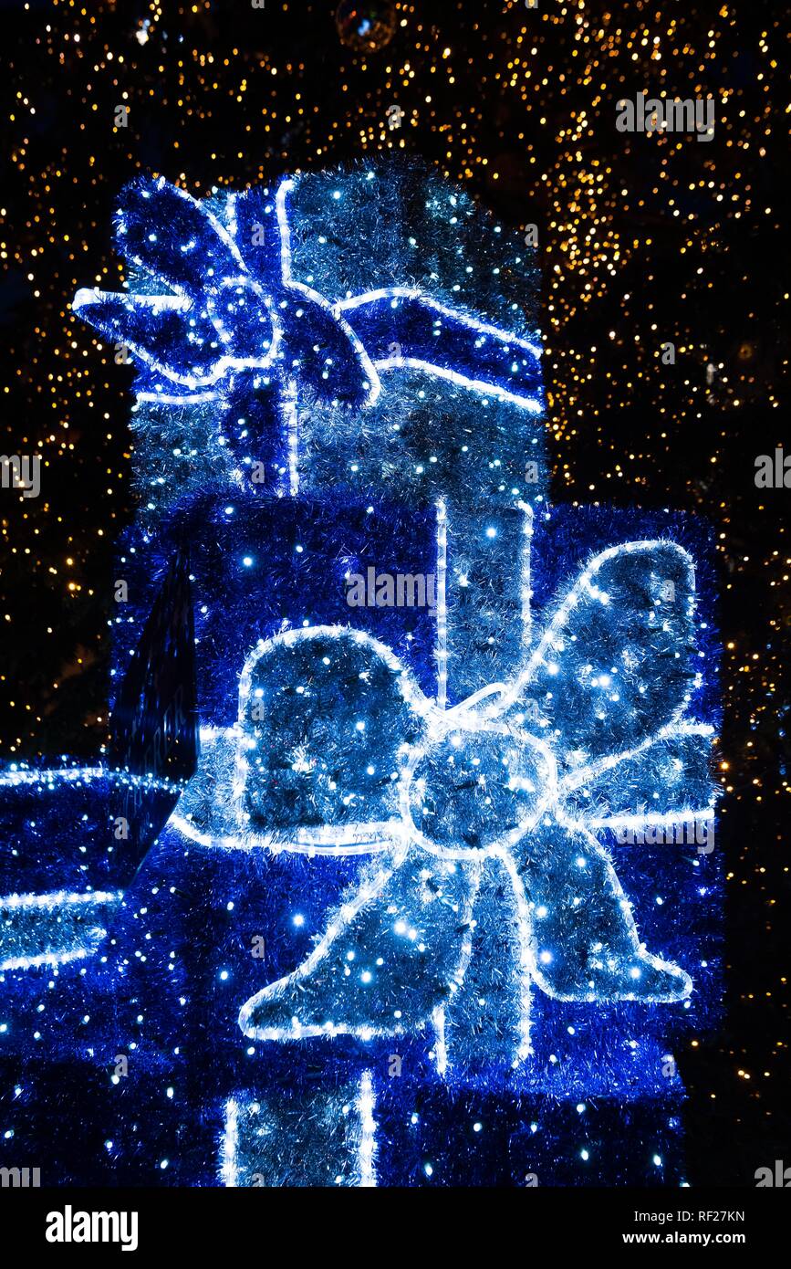 Illuminated Christmas Packages, Lucerne Christmas Market, Switzerland Stock Photo
