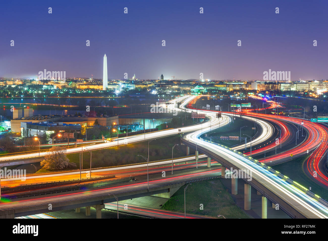 Washington, D.C. skyline with highways and monuments. Stock Photo