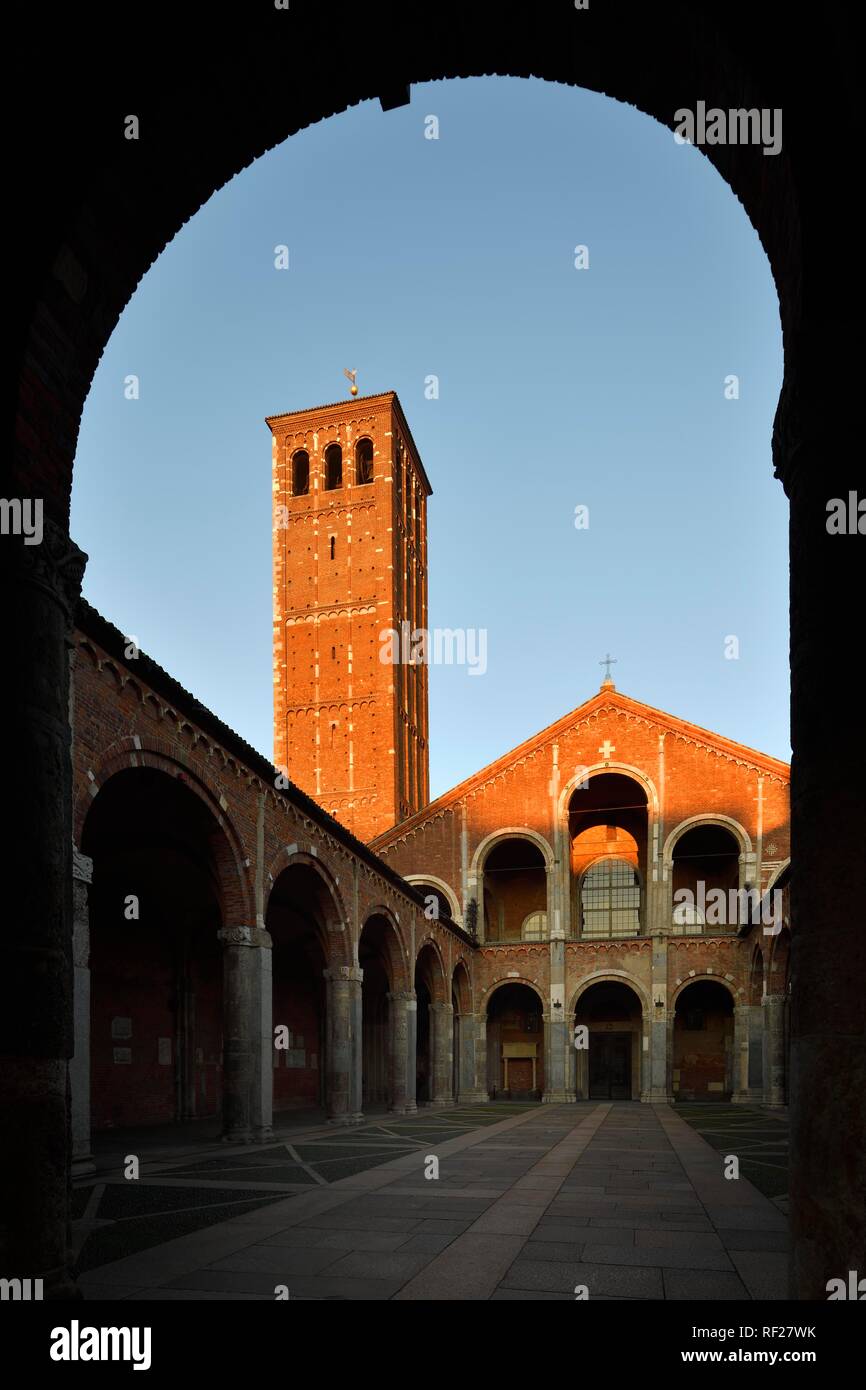 Courtyard, Early Christian Church, Basilica Sant'Ambrogio, Milan, Lombardy, Italy Stock Photo