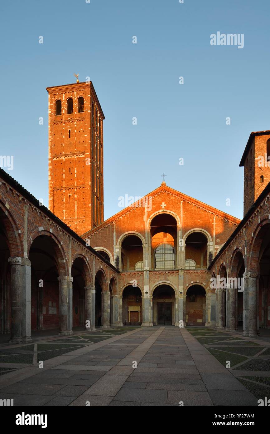 Courtyard, Early Christian Church, Basilica Sant'Ambrogio, Milan, Lombardy, Italy Stock Photo