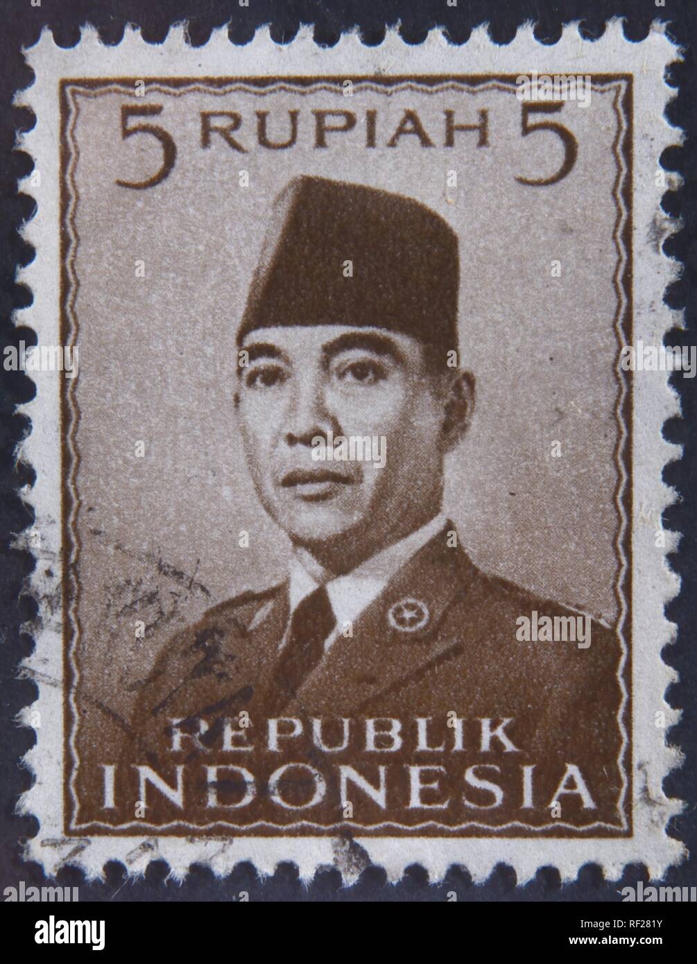 Sukarno, president of Indonesia, portrait on an Indonesian stamp, Sweden Stock Photo