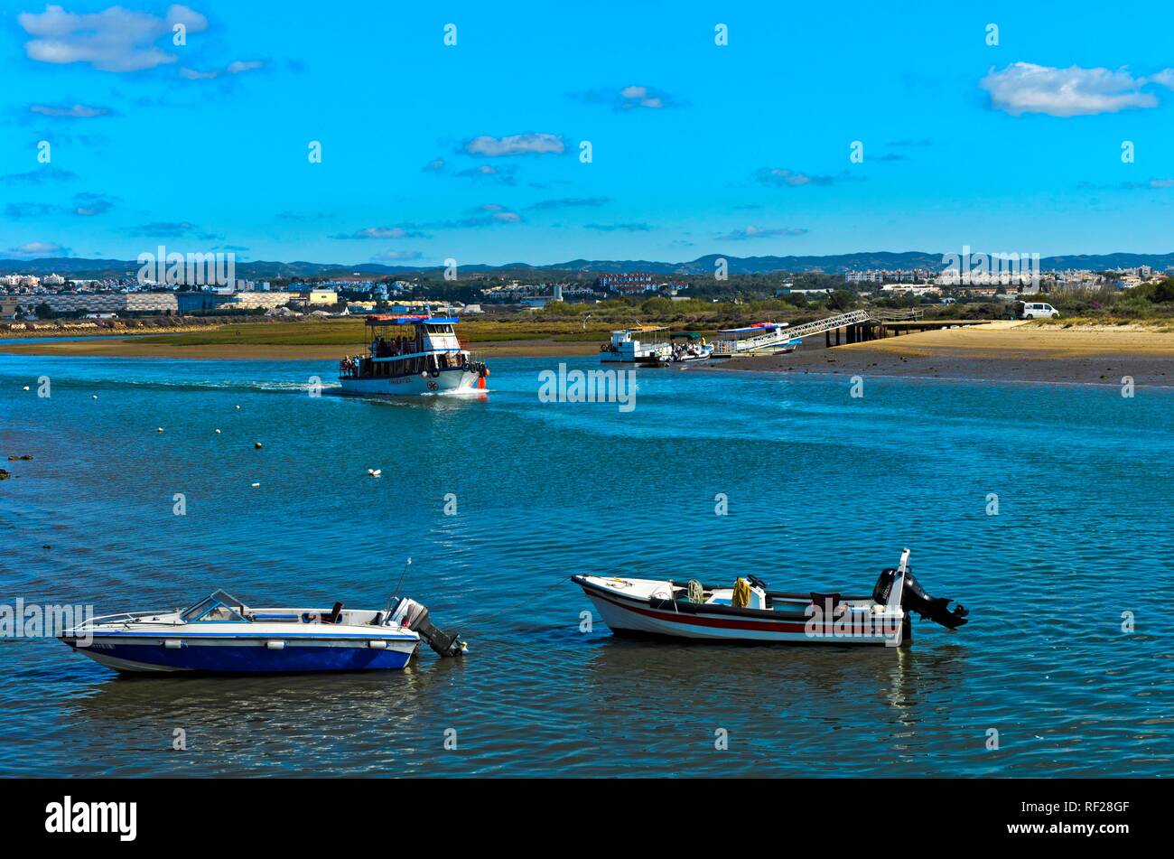 Boats at Gilao River, Quatro Aguas, Tavira, Algarve, Portugal Stock Photo