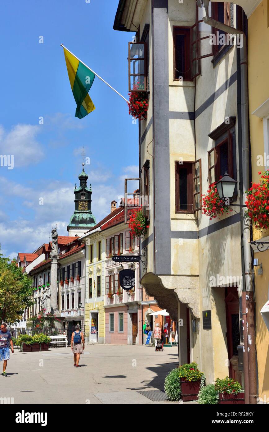 House facades Market square Mestni Trg with tower St. James' Church ...