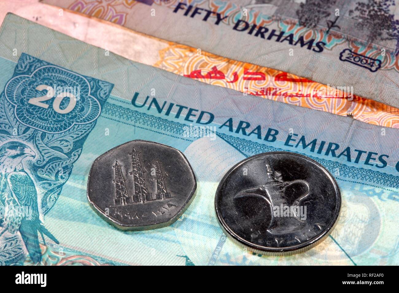Dirham, AED, coin featuring oil tower motif, United Arab Emirates or UAE currency Stock Photo
