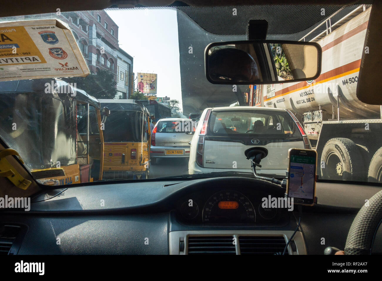 22 Jan 2019,Hyderabad-India.A view of traffic from inside of a taxi cab in Hyderabad,India Stock Photo