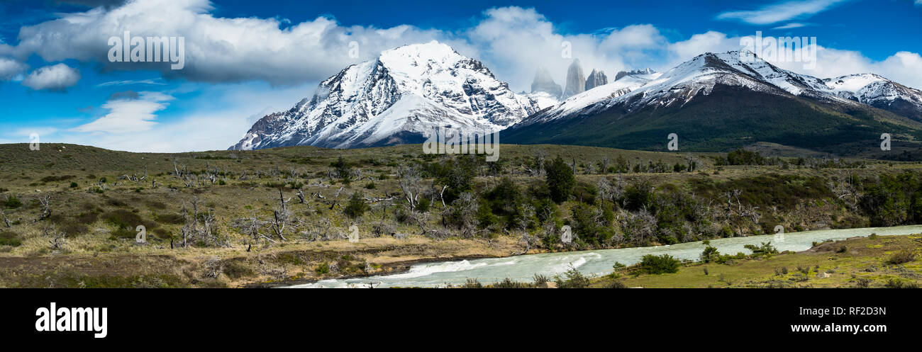 Chile, Patagonia, Magallanes y la Antartica Chilena Region, Torres del Paine National Park, Cerro Paine Grande and Torres del Paine, Rio Paine Stock Photo