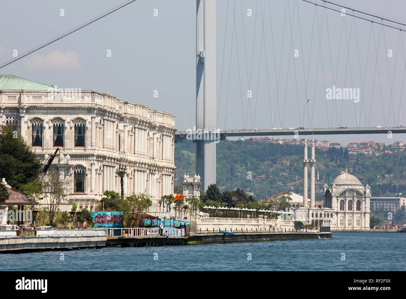 Dolmabahce Palace on the Bosporus River, Bosporus Bridge and Mecidiye Mosque at back, Istanbul, Turkey Stock Photo