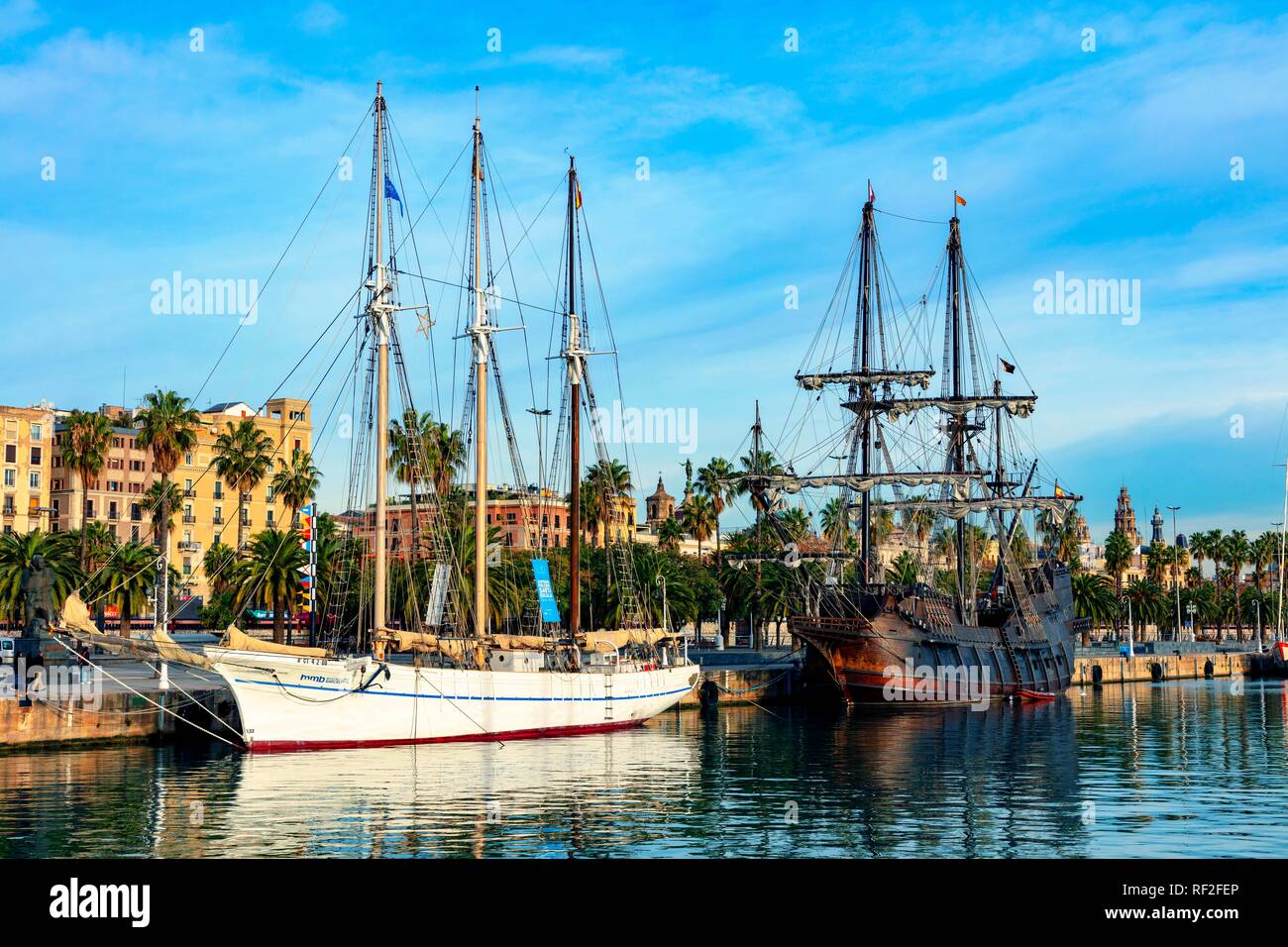Museum ships Museu Maritim de Barcelona in the port of Port Vell, Barcelona, Catalonia, Spain Stock Photo