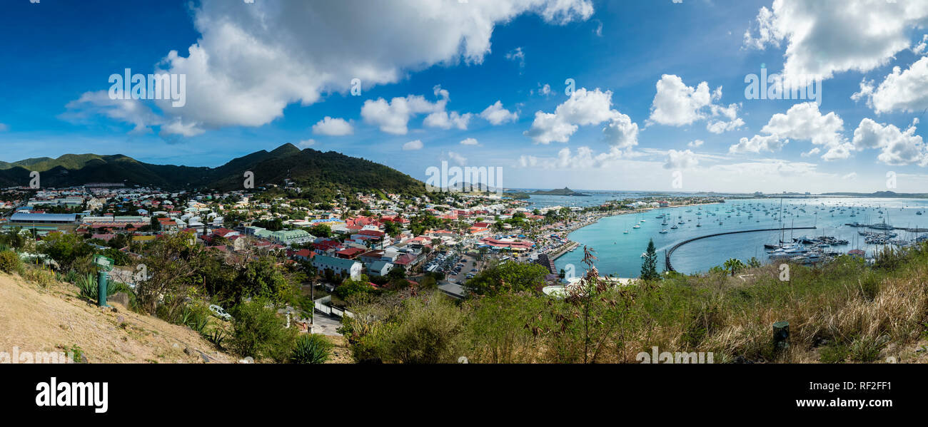 Caribbean, Sint Maarten, View of Marigot Bay and Sandy Ground Stock Photo