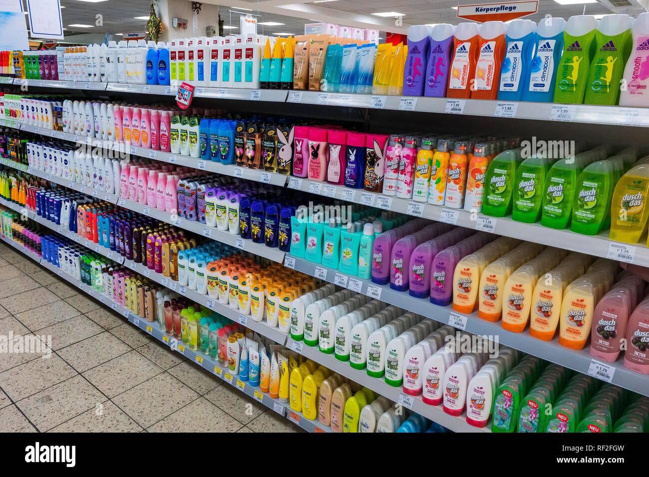 Shower gels in the supermarket, Munich, Upper Bavaria, Bavaria, Germany Stock Photo