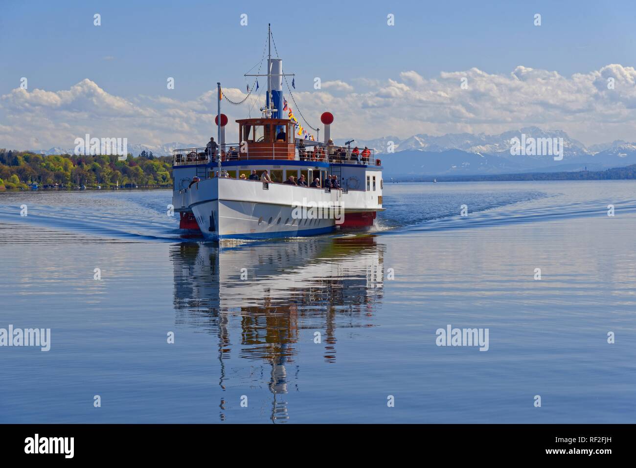 Historic paddle steamer Dießen on the Lake Ammer with the snow-covered Zugspitzmassiv in the background, Lake Ammer, Stegen Stock Photo