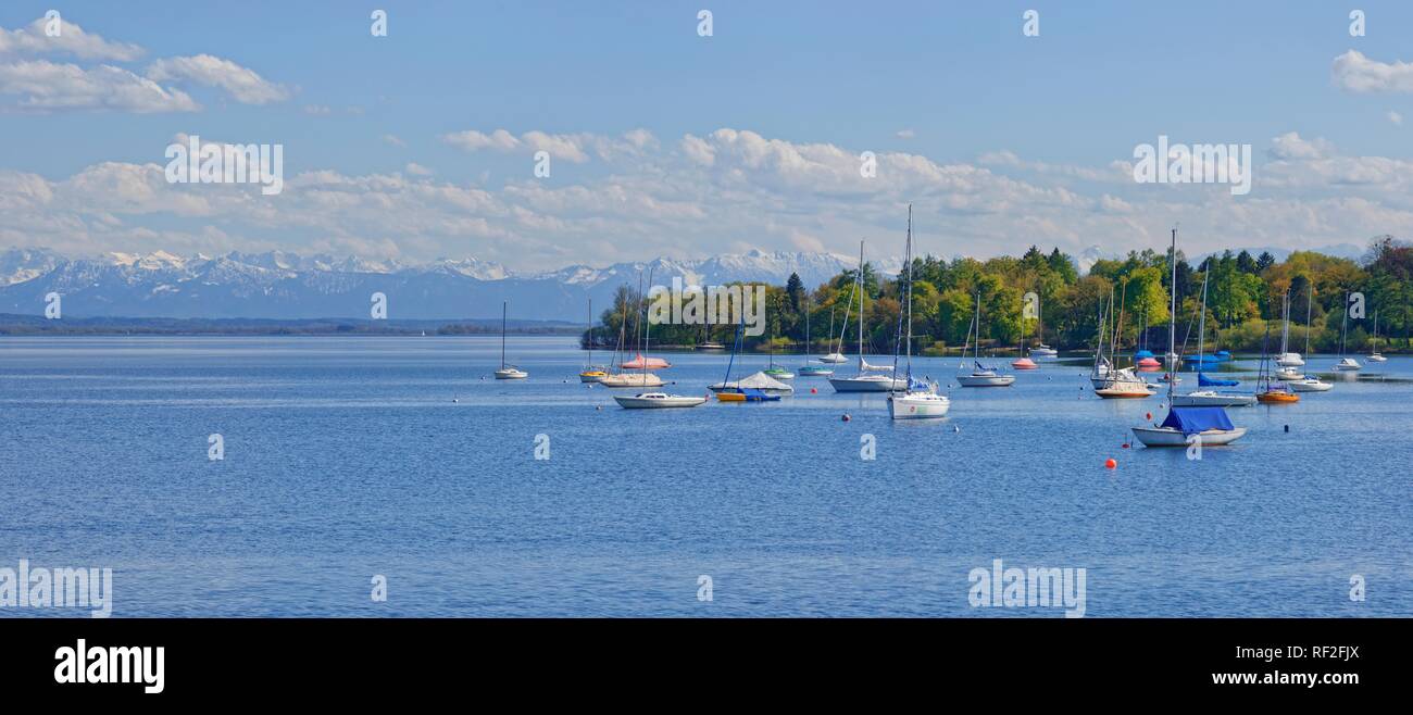 Lake Ammer with sailing boats near Utting and the snow-covered Alpine peaks in the background, Lake Ammer, Herrsching, Bavaria Stock Photo