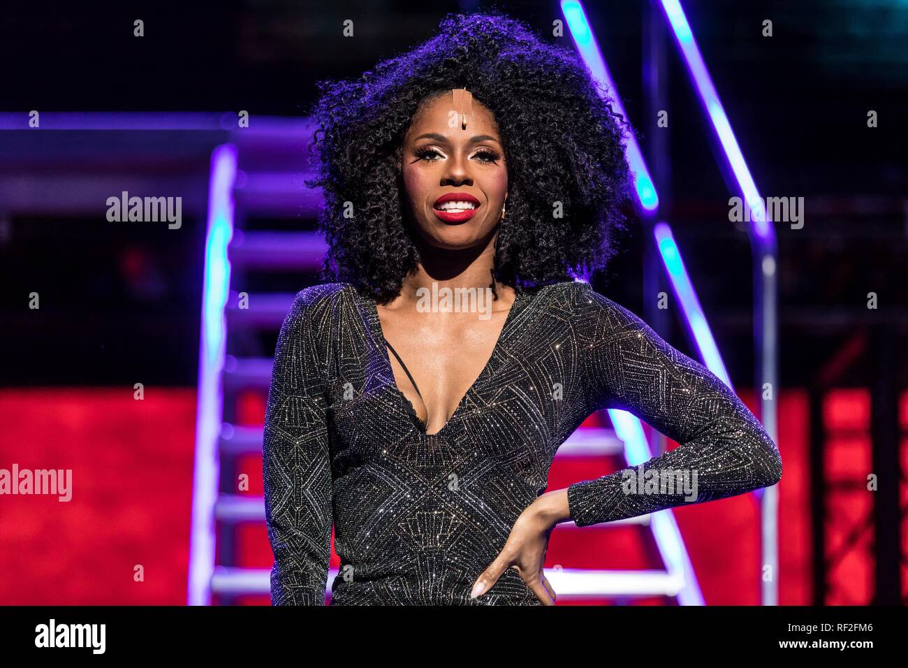 The leading actress Sidonie Smith as Deloris van Cartier live on Sister Act, The Musical held at Le Théâtre in Emmen, Lucerne Stock Photo