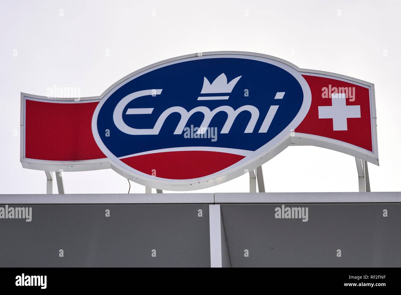 Logo Emmi, Switzerland's largest milk processing company, Lucerne, Switzerland Stock Photo
