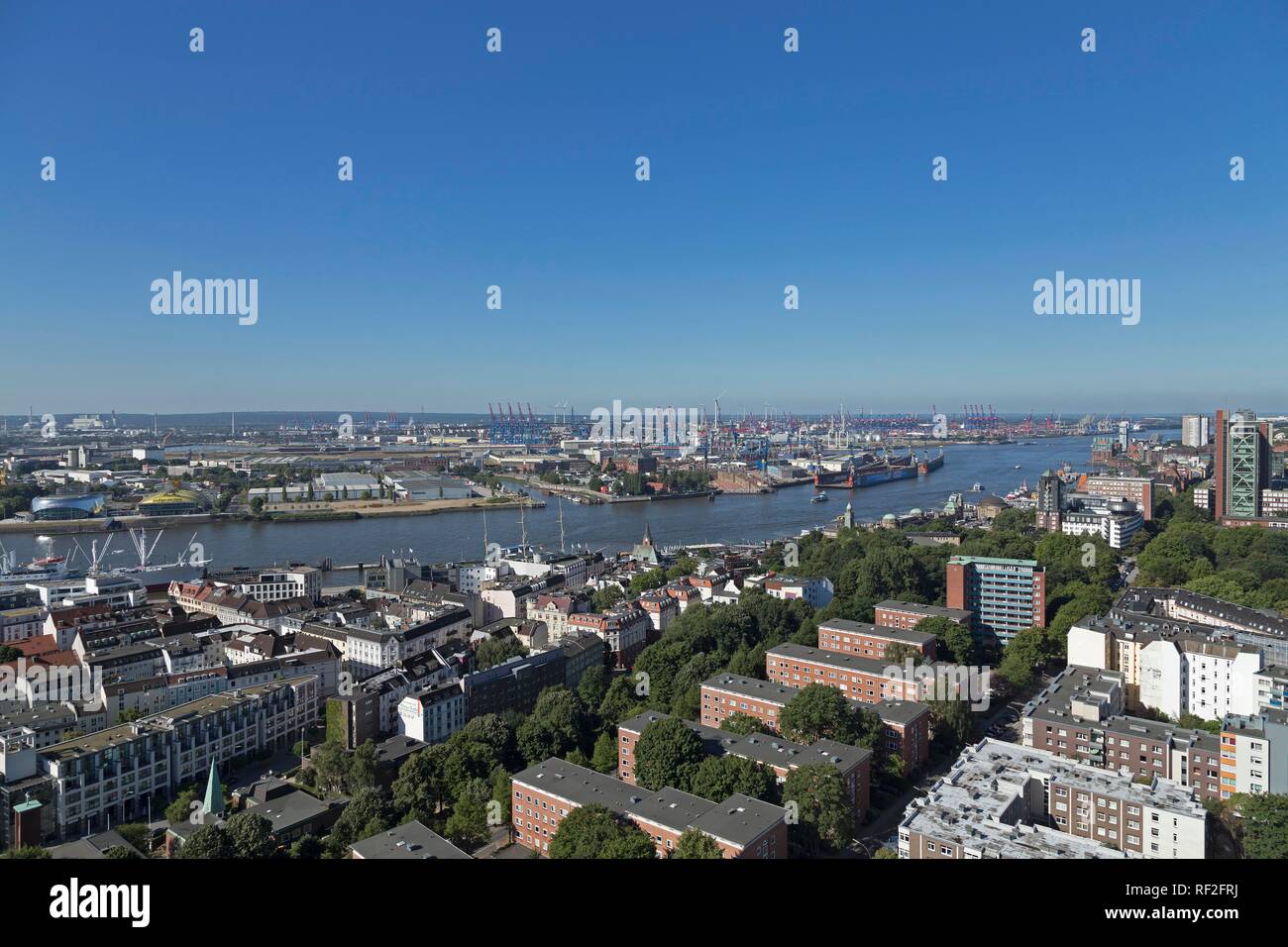View from the tower of the Michaeliskirche to the harbour, Hamburg, Germany Stock Photo