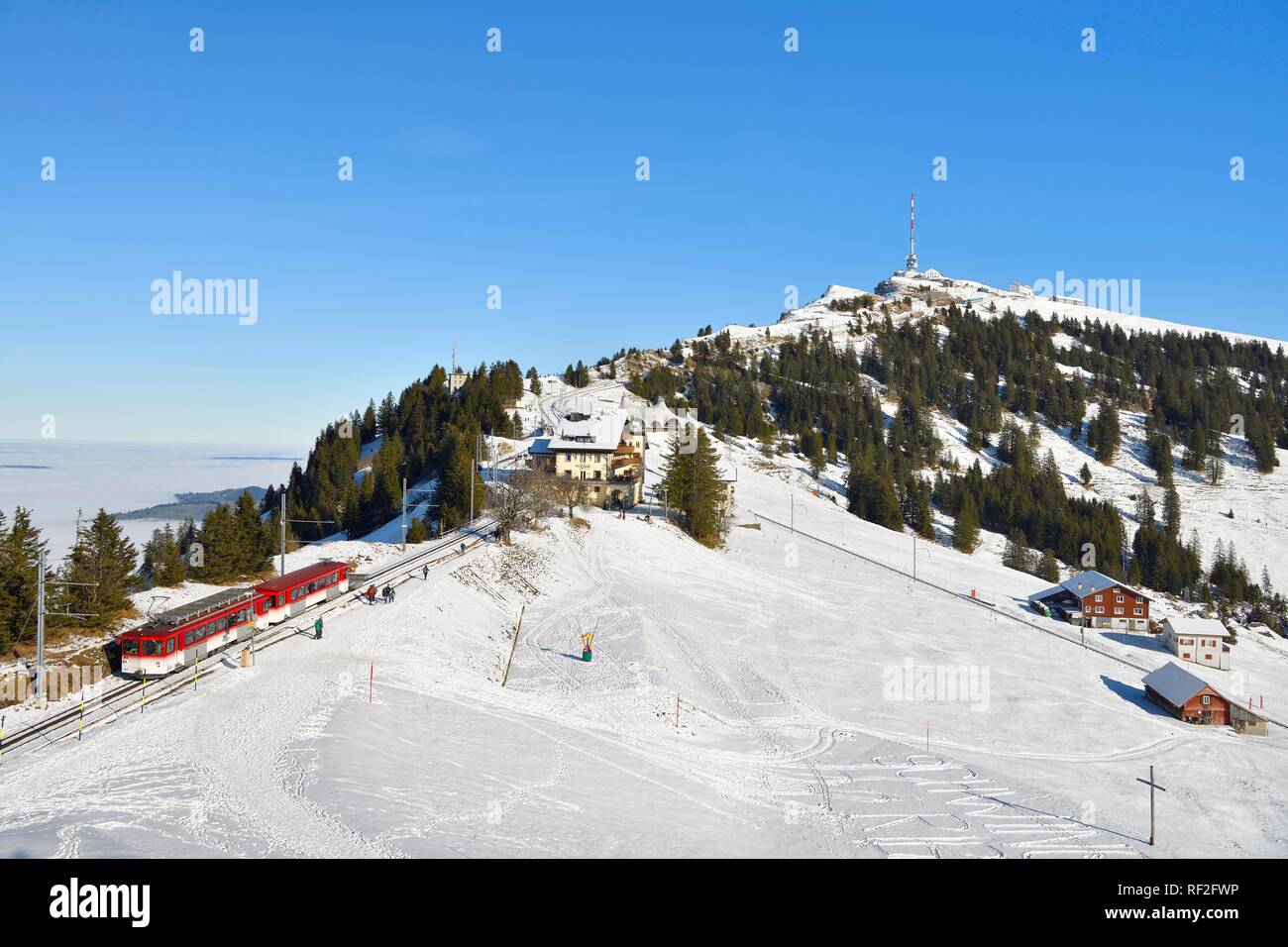 Rack railway, snow-covered Rigi Staffel and Kulm, Vitznau, Canton Lucerne, Switzerland Stock Photo