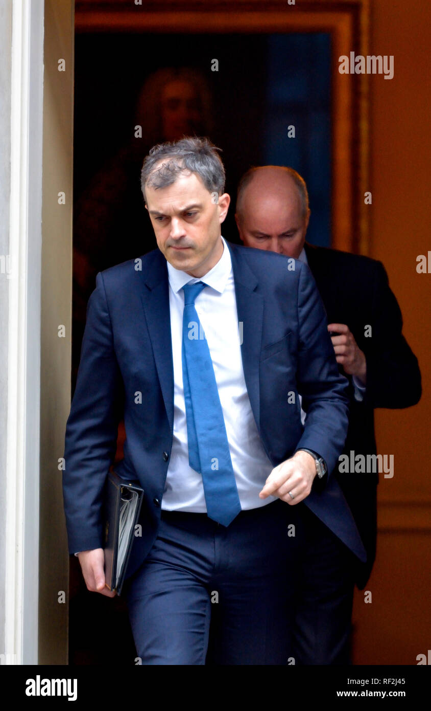 Julian Smith MP (Conservative Chief Whip) leaving Downing Street, London, UK, followed by Robbie Gibb (Downing Street Communications Dirctor) after a  Stock Photo