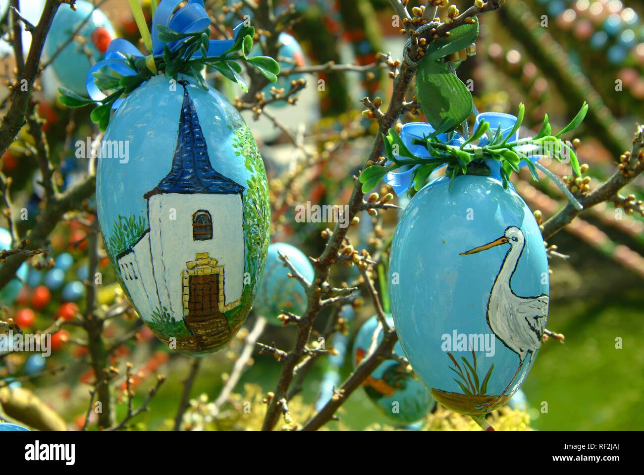 Easter decorations on a fountain, Bieberach, Franconian Switzerland region, Bavaria Stock Photo