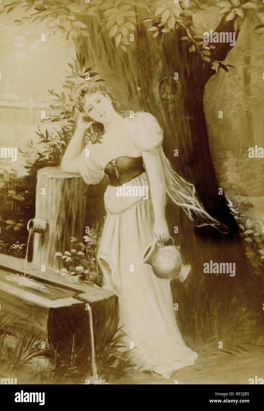 Historic photograph of a girl standing in front of a fountain, taken ca. 1870 Stock Photo