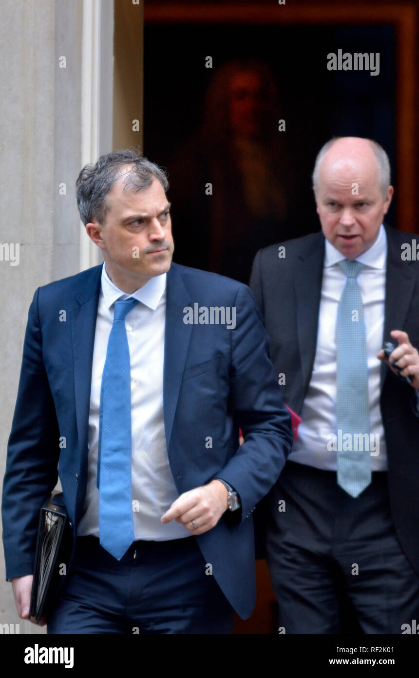 Julian Smith MP (Conservative Chief Whip) leaving Downing Street, London, UK, after a cabinet meeting, with Robbie Gibb (Downing Street Director of Co Stock Photo