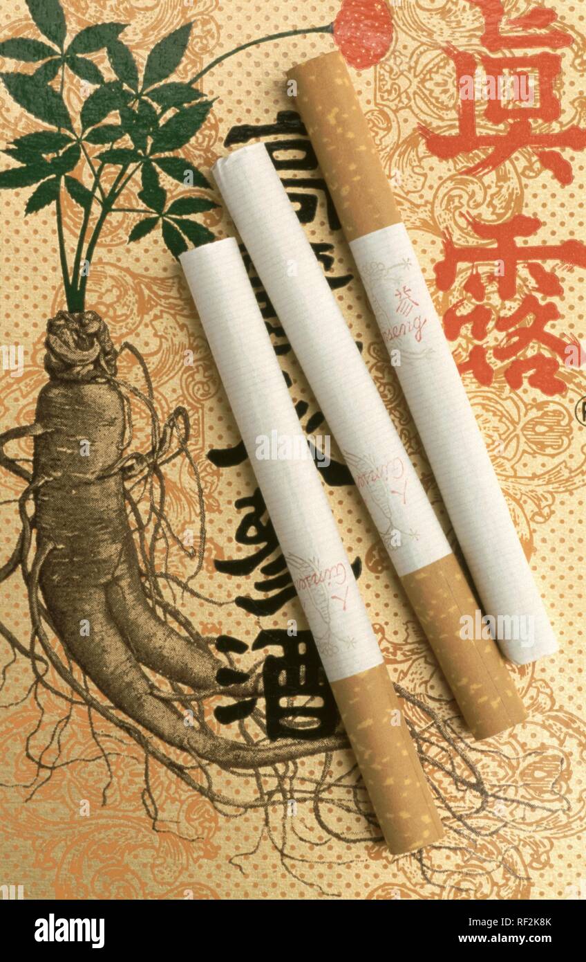 Ginseng cigarettes, herbal cigarettes laying on a package of Korean