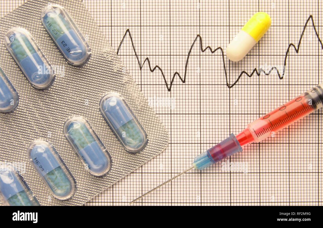 Cardiac pills and syringe on an ECG printout Stock Photo