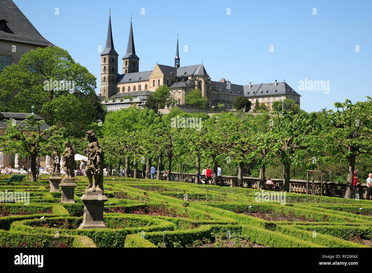 View from the garden of the Neue Residenz onto the St. Michael Monastery, Michelsberg, Bamberg, Upper Franconia, Bavaria Stock Photo