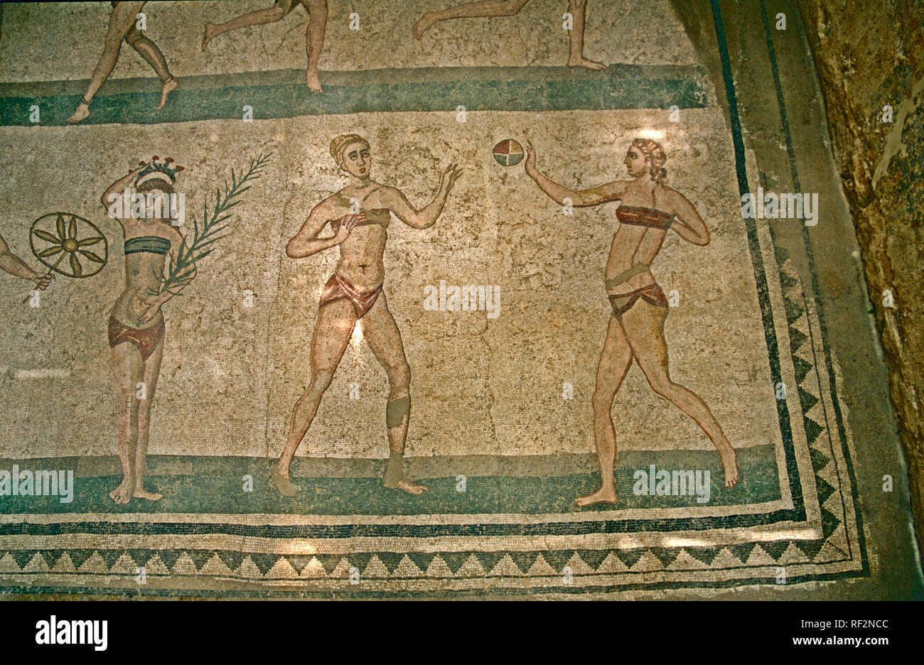 Sicily Europe Imperial Villa Romana Del Casala Mosaic Hall of the Female Gymnasts in Bikinis Roman Stock Photo