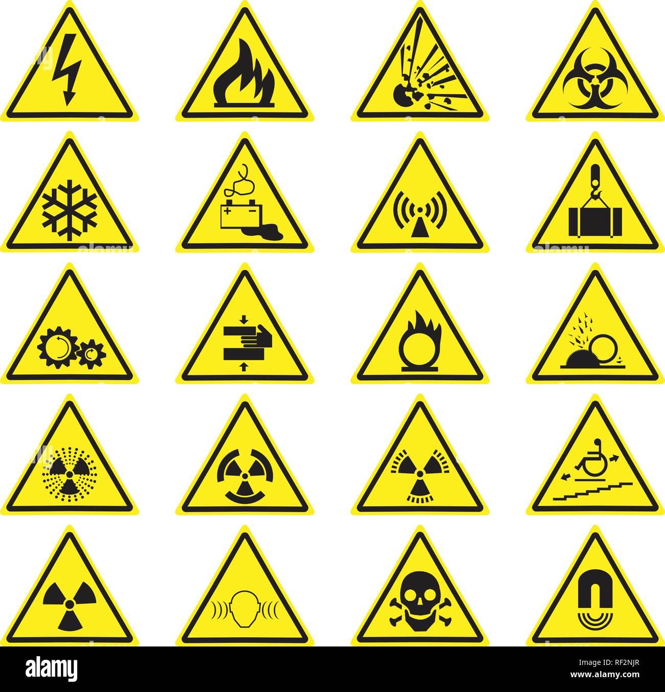 Warning Hazard Yellow Triangle Signs Set. Vector symbols isolated on white. Stock Vector