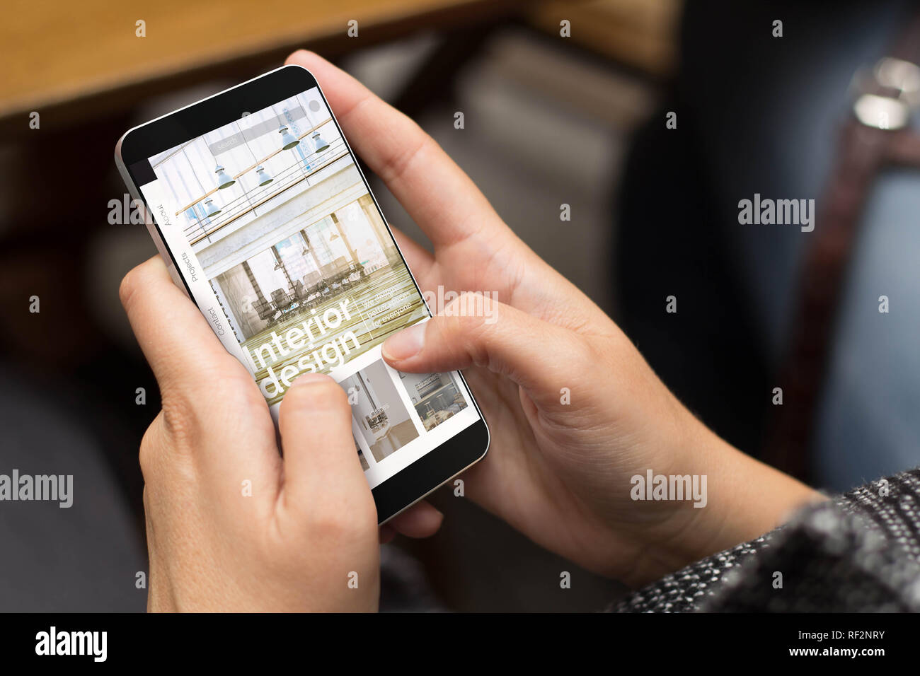 girl using a digital generated phone with interior design website on ...