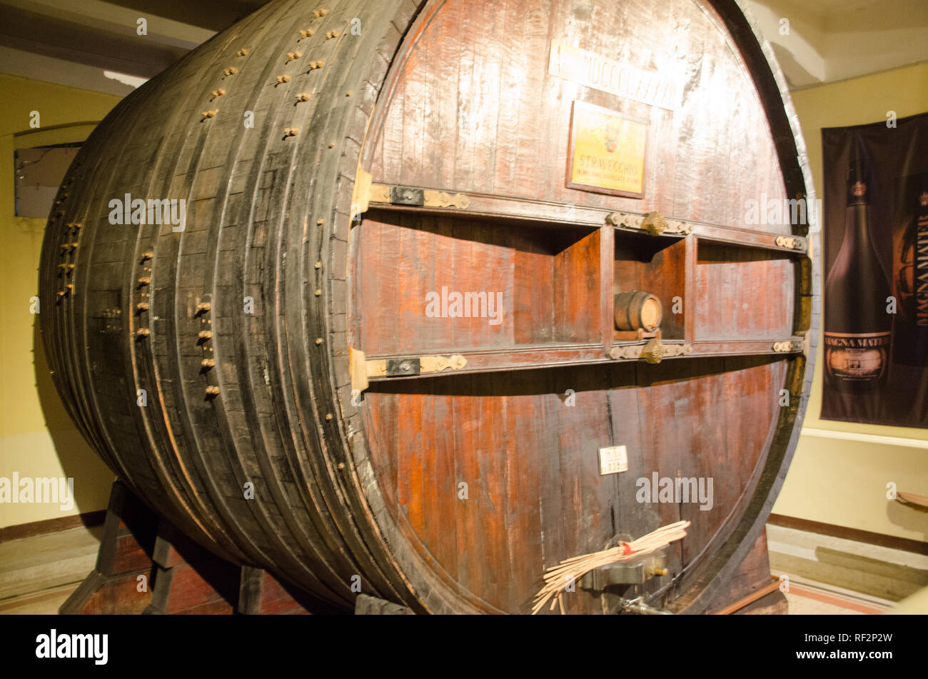 Interior of Branca Factory, where Fernet Branca is made.  The biggest barrel in Europe, with brandy. Milan, January 18th, 2019 Stock Photo