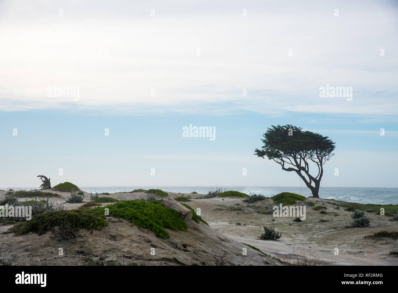 Rocky shore line, waves and beach scene on the Monterrey Peninsula.  The variation and variety of beautiful seascapes are endless. Stock Photo