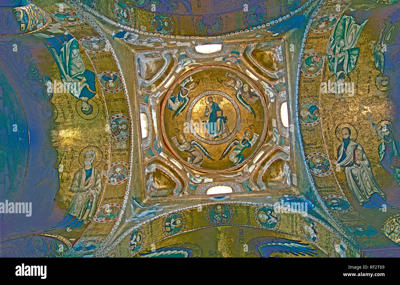 Sicily Palermo La Martorana Church Ceiling Christ Pantocrator Byzantine Art Mosaic 12C Europe Stock Photo
