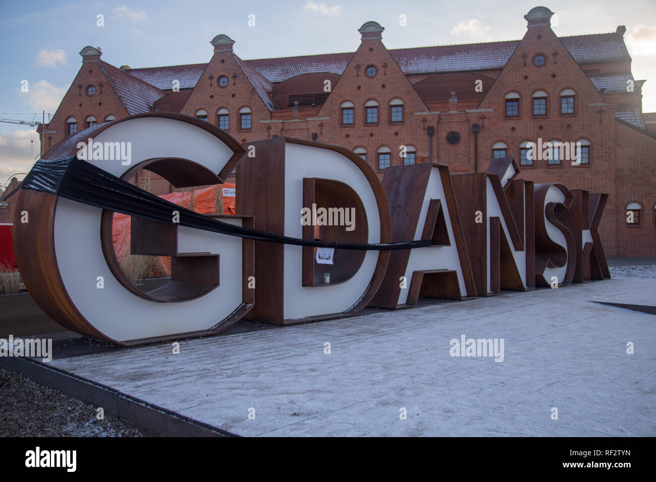 Black ribbon in Gdansk, Poland mourning murdered mayor of the city Pawel Adamowicz Stock Photo