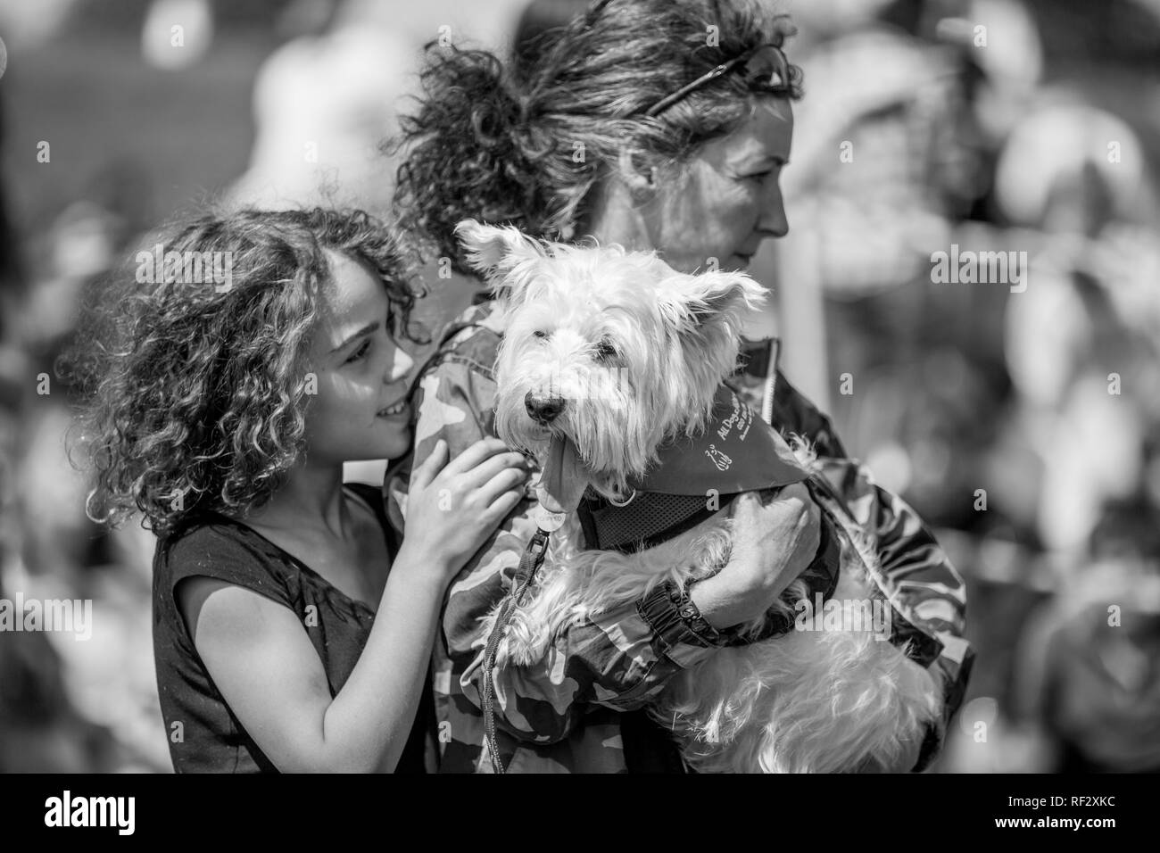 A mother and daughter with their dog in the park at a dog show Stock Photo