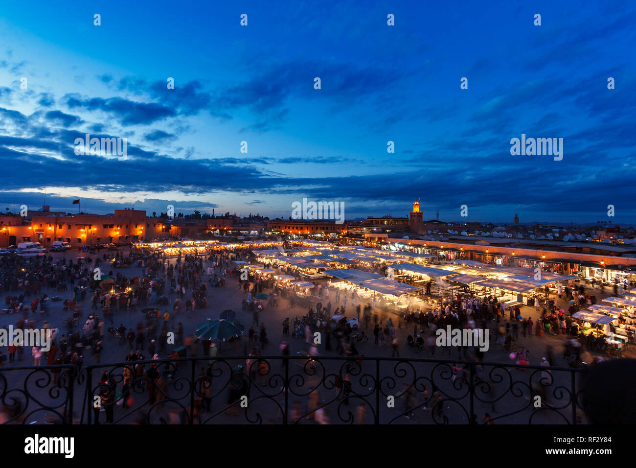 Marrakesh market at night viewed from above at twilight Stock Photo