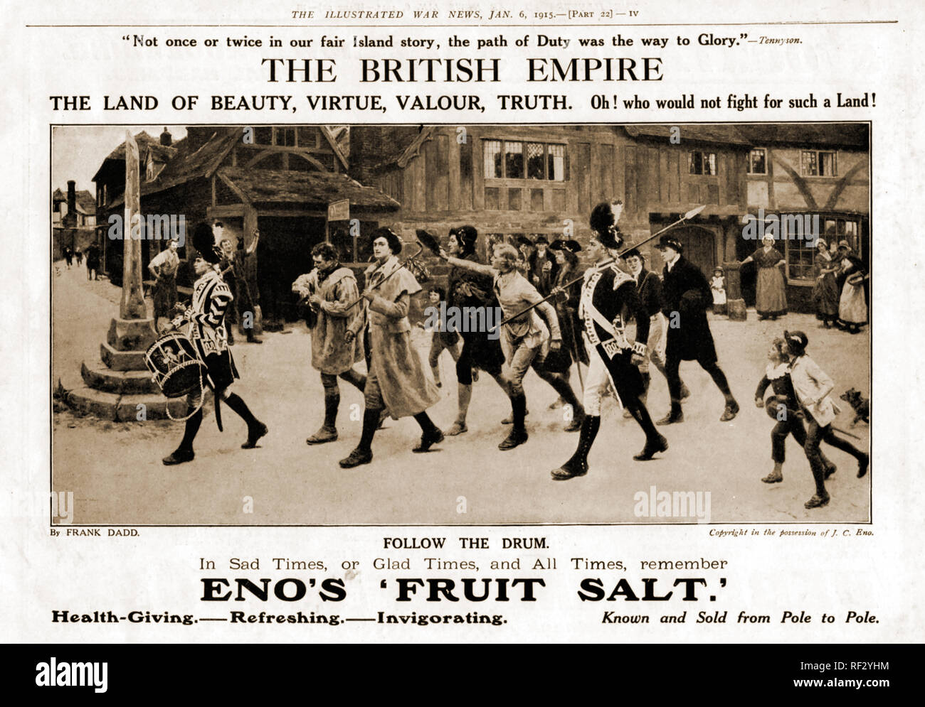 WWI - A patriotic 1915 advert for Eno's fruit salts showing ancient army volunteers being recruited in the market place. (from a painting by Frank Dad) Stock Photo