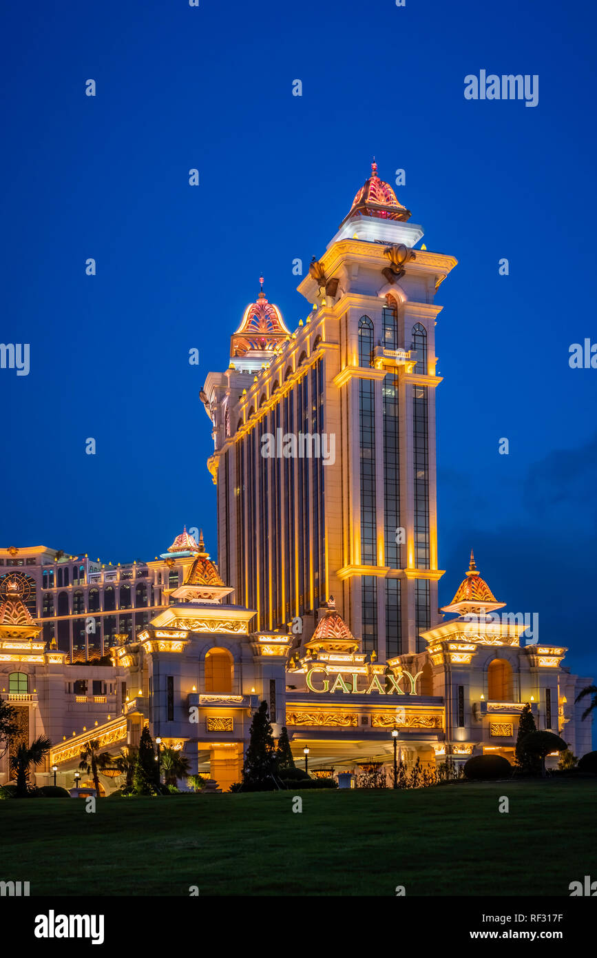 The Galaxy Hotel exterior architecture illuminated at night in Macau