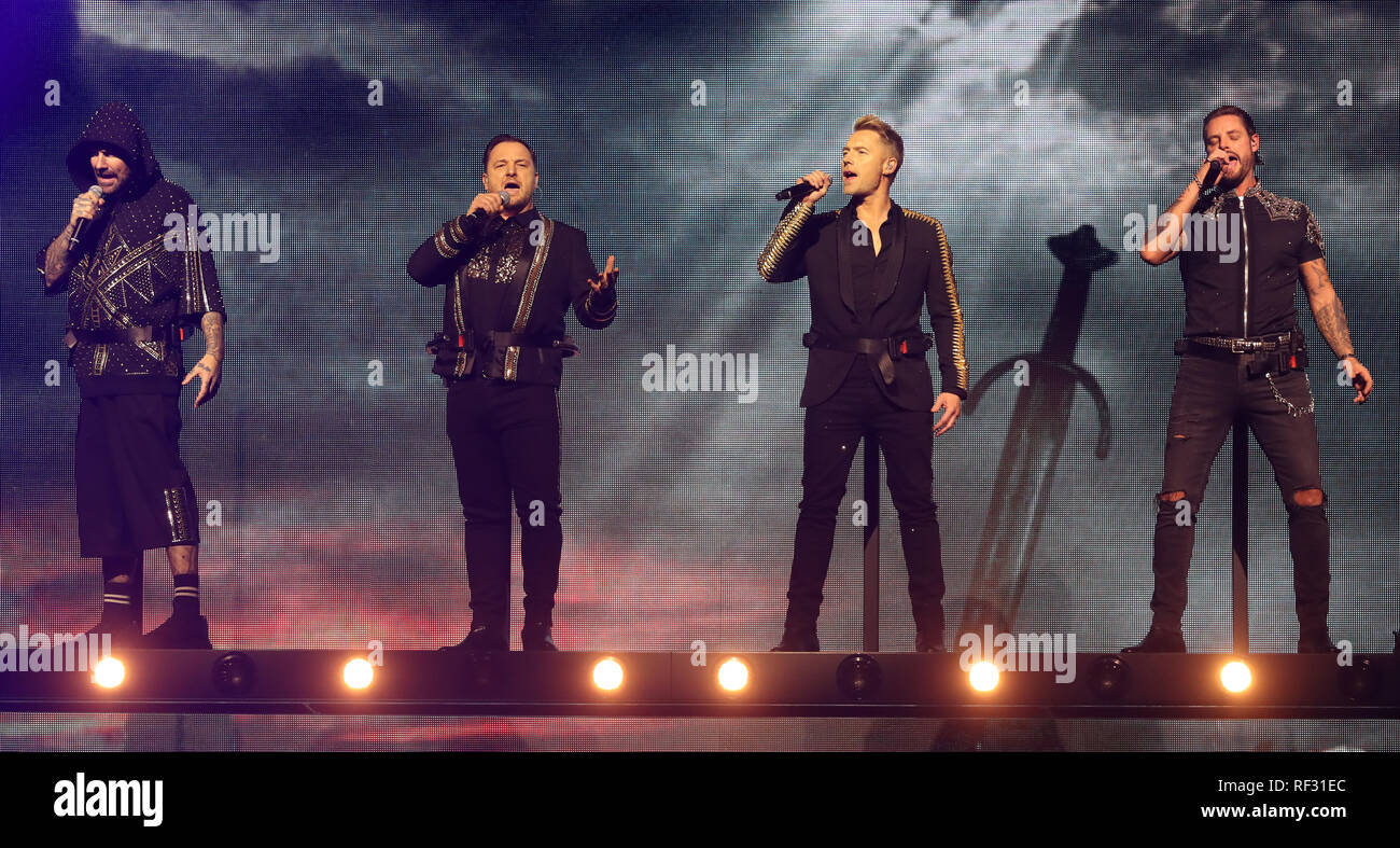 EDITORIAL USE ONLY (left to right) Shane Lynch, Mikey Graham, Ronan Keating and Keith Duffy of Boyzone on stage at the SSE Arena, Belfast, as part of the band's Thank You & Goodnight farewell tour. Stock Photo